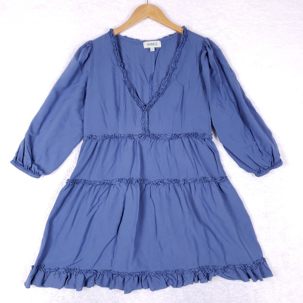 Rockin C Womens Blue Tiered Ruffle Mini Dress V-Neck 3/4 Sleeve Size M